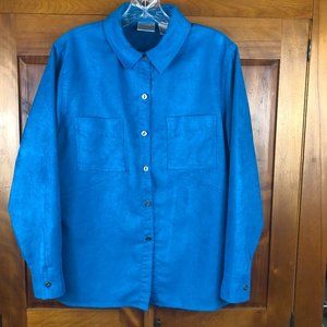 Chico's Blue Faux Suede Weekender Comfy Soft Button Down Shirt Shacket Cabincore